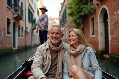 Couple souriant en gondola à Venise avec bâtiments anciens