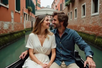 Couple romantique en gondole dans un canal de Venise aux façades colorées