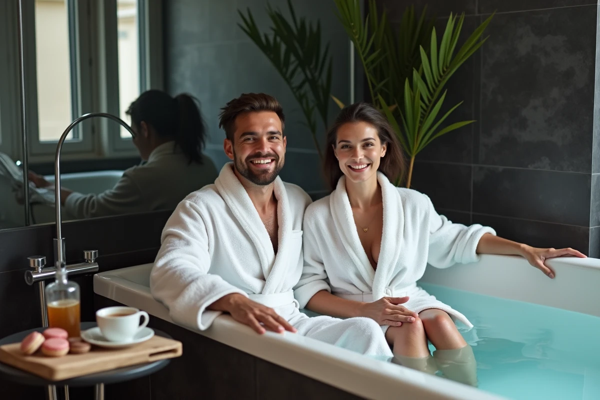 Couple se relaxant dans un jacuzzi privatif d'un hôtel parisien de luxe, robes de bain blanches et plateau de macarons