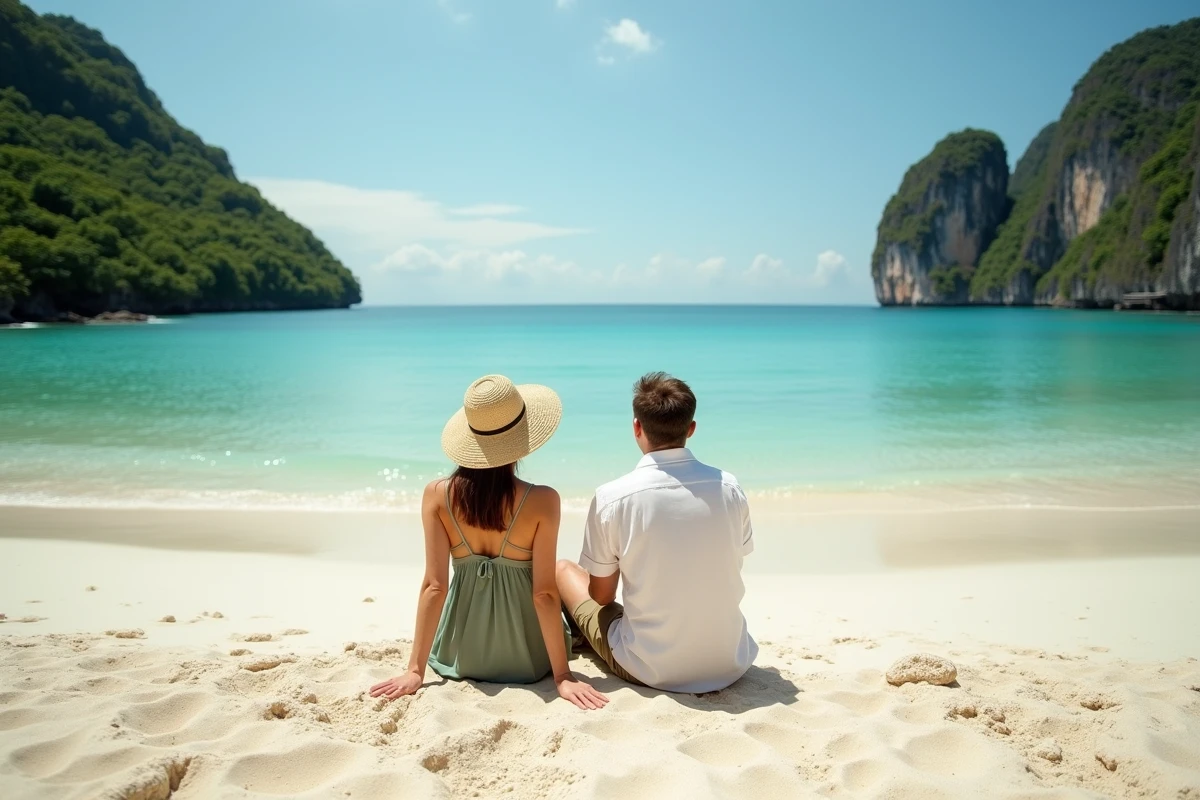Couple assis sur une plage isolée aux eaux turquoise de l'île de Phu Quoc au Vietnam