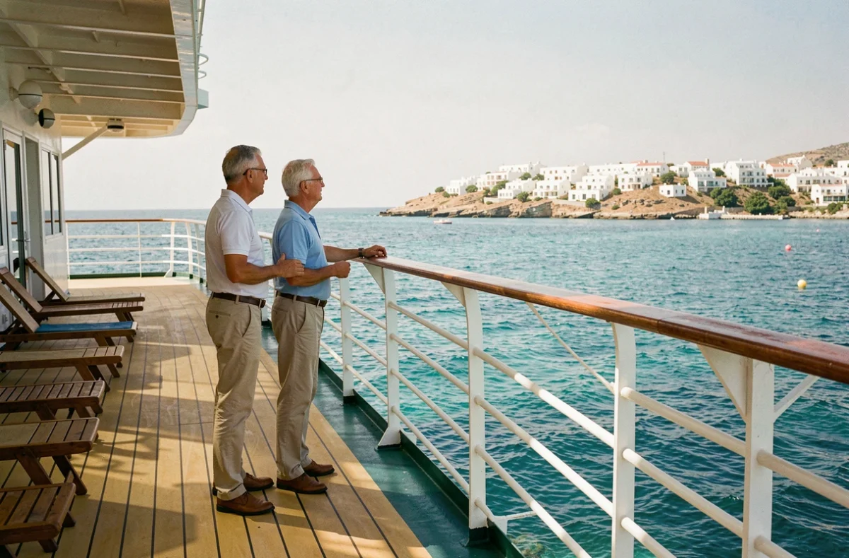 Couple sur le pont d'un navire de croisière en Méditerranée admirant un village côtier depuis le bastingage