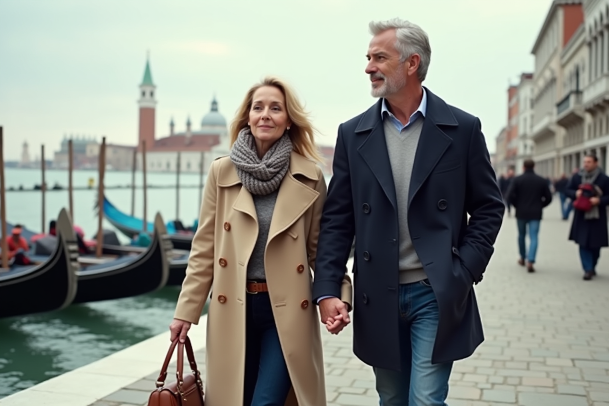 Couple main dans la main sur quai vénitien avec gondoles