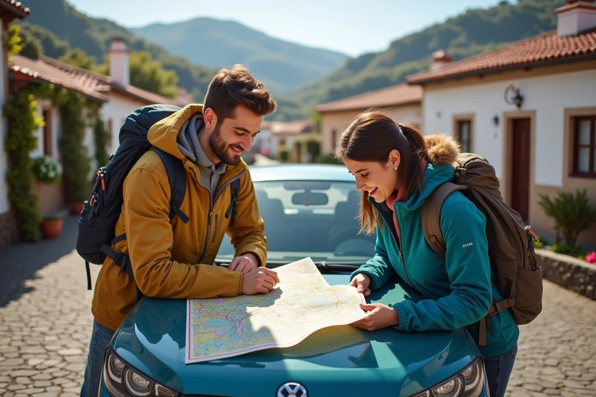 Jeune couple avec carte devant leur voiture dans un village Madeira
