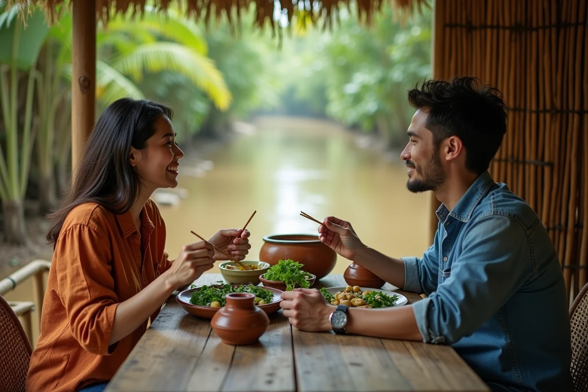 Couple partageant un repas traditionnel vietnamien dans un café en bambou au bord d'une rivière au Vietnam