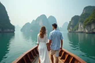 Couple romantique sur une jonque en bois naviguant dans la baie d'Ha Long au Vietnam entouré de karsts calcaires