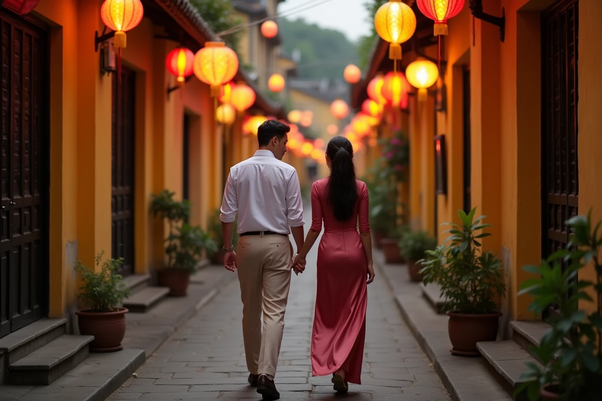 Couple se promenant dans les ruelles illuminées de lanternes de la vieille ville de Hoi An au Vietnam