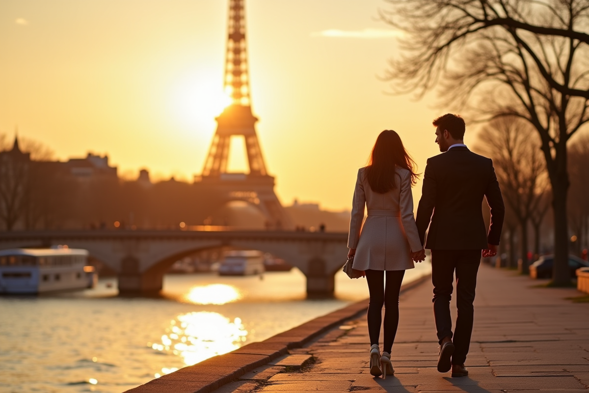 Couple main dans la main sur la Seine à Paris