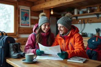 Couple de skieurs planifiant un séjour ski pas cher dans un hébergement montagne économique avec carte et carnet de budget