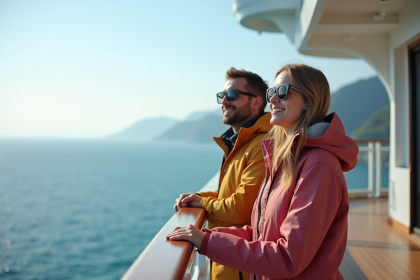 Couple souriant en croisière regardant la mer