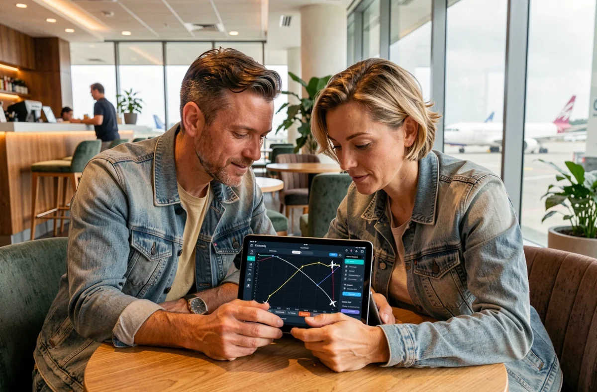 Couple consultant une carte de suivi de vol en temps réel sur une tablette dans le salon d'un aéroport avec vue sur les avions