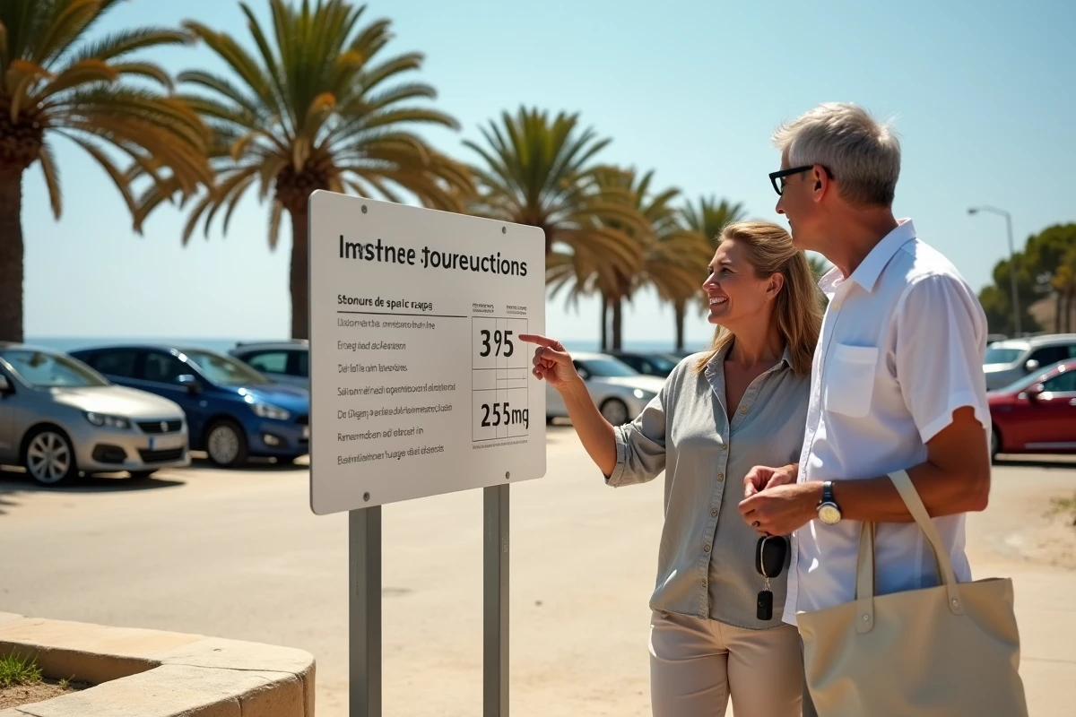 Couple consultant le panneau tarifaire du parking près de l'embarcadère de la Tour Fondue avant de prendre le ferry pour Porquerolles