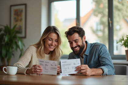 Couple heureux examinant chèques vacances dans un salon lumineux