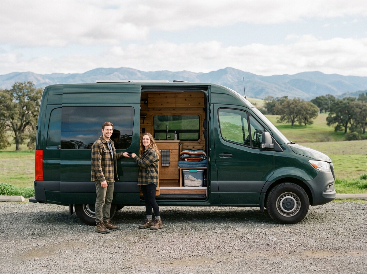 Jeune couple souriant devant un van en campagne