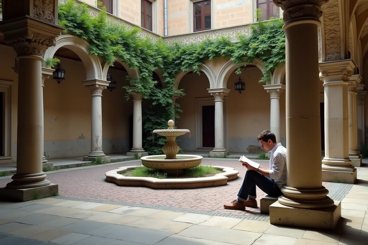 Cour intérieure cachée d'un palazzo Renaissance à Naples avec colonnade en pierre et végétation grimpante