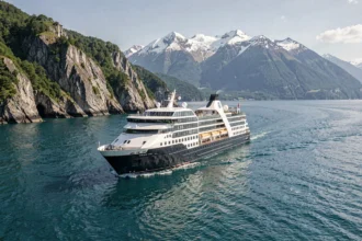 Bateau de croisière de luxe Le Ponant naviguant sur des eaux turquoise près d'une côte rocheuse spectaculaire
