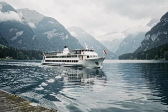 Ferry blanc naviguant sur le lac du Bourget avec les montagnes alpines en arrière-plan