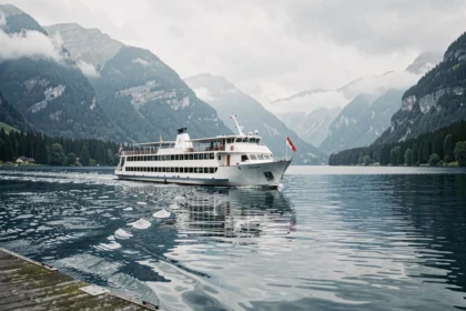 Ferry blanc naviguant sur le lac du Bourget avec les montagnes alpines en arrière-plan