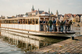 Bateau de croisière fluviale amarré sur le Rhin en Alsace avec la skyline de Strasbourg en arrière-plan