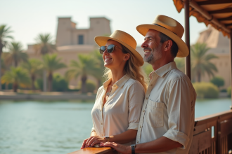 Couple voyage sur bateau Nile avec vue sur temples anciens