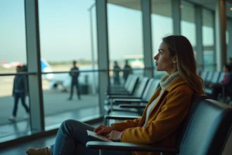 Femme fatiguée dans un aéroport moderne, attendant son vol Paris-Dubaï avec passeport et carte d'embarquement