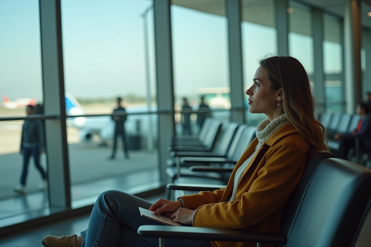 Femme fatiguée dans un aéroport moderne, attendant son vol Paris-Dubaï avec passeport et carte d'embarquement