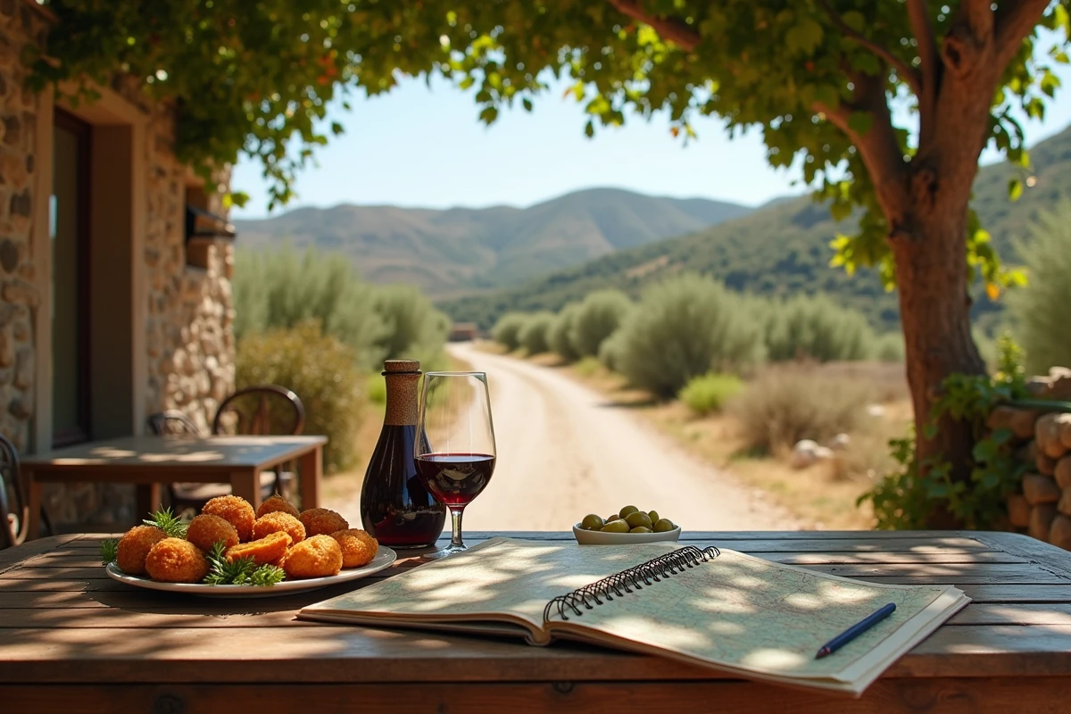 Table de trattoria sicilienne en plein air avec repas local et carte routière pendant un road trip en Sicile