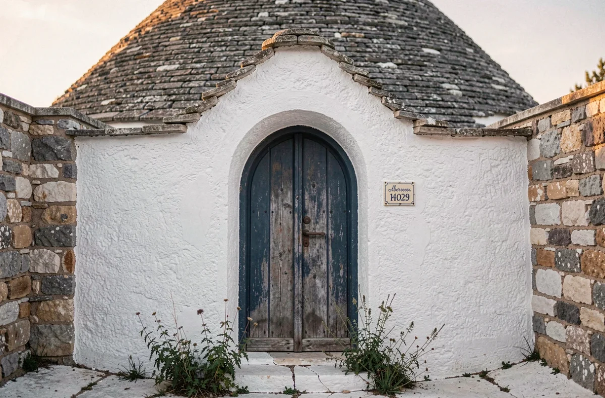 Détail architectural d'une entrée de trullo blanchie à la chaux avec une porte en bois bleue au coucher du soleil à Alberobello