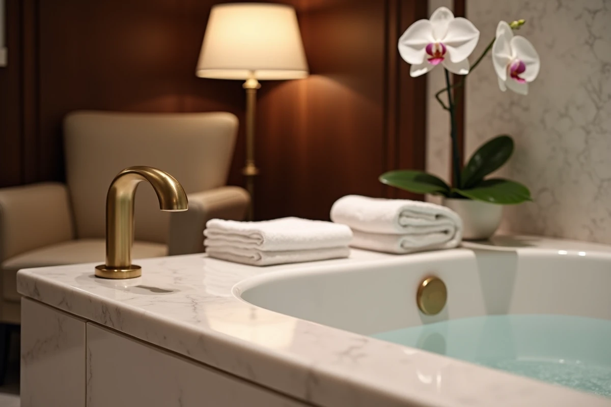 Gros plan sur les détails raffinés d'un jacuzzi privatif dans un hôtel de luxe à Paris, robinetterie dorée, orchidée et bougie