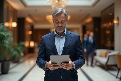 Directeur d'hôtel en costume navy dans un lobby élégant