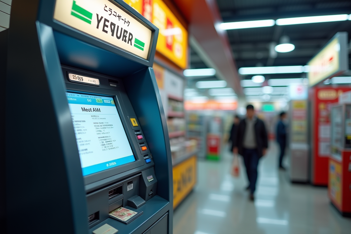 Distributeur automatique japonais donnant des billets de yen dans un magasin