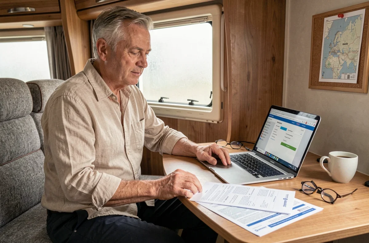 Propriétaire de Hymmer consultant des documents administratifs sur le permis de conduire et le PTAC à l'intérieur du camping-car