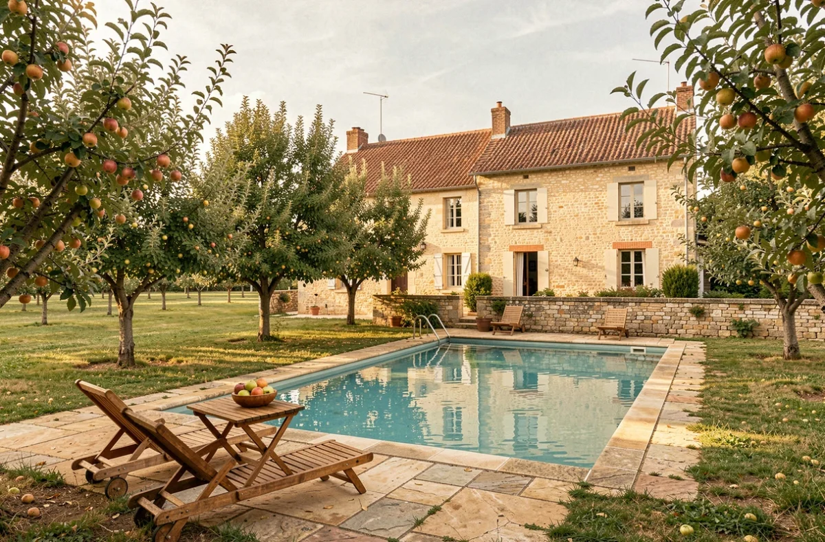 Domaine de la Pommeraie en Vendée avec piscine entourée d'un verger de pommiers