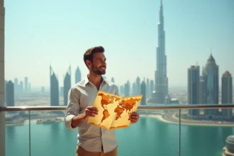 Blogueur voyageur tenant une carte d'Asie sur une terrasse avec vue sur le skyline de Dubaï et le Burj Khalifa