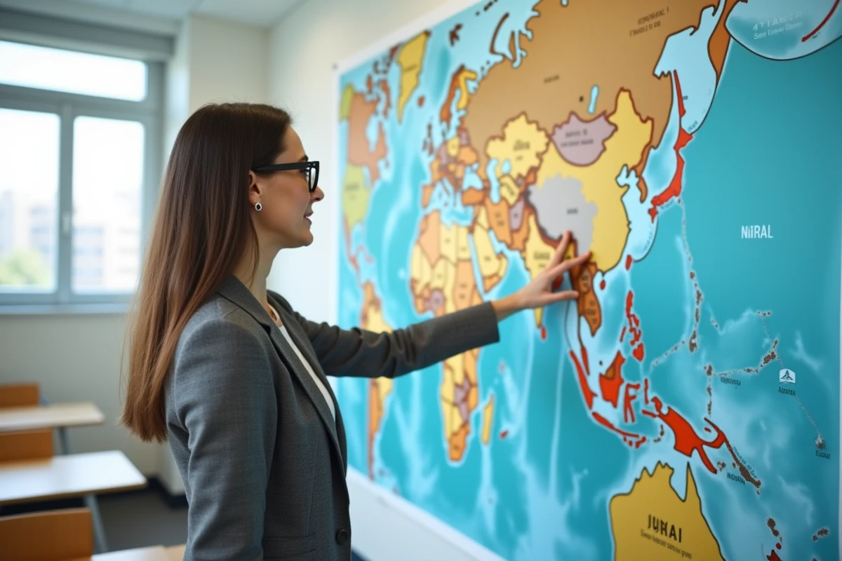Professeure de géographie montrant la position de Dubaï sur le continent asiatique devant une carte du monde en classe