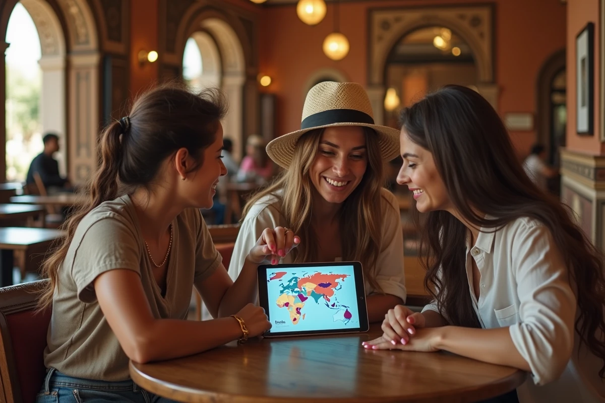 Groupe de voyageurs discutant de la localisation de Dubaï en Asie autour d'une tablette dans un café de style souk émirati
