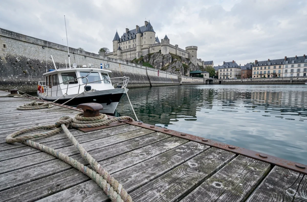 Embarcadère en bois à Saumur avec bateau amarré et le château en arrière-plan sur la Loire
