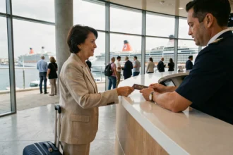 Voyageuse présentant son passeport au comptoir d'embarquement du terminal de croisière de Marseille