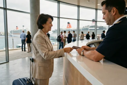 Voyageuse présentant son passeport au comptoir d'embarquement du terminal de croisière de Marseille