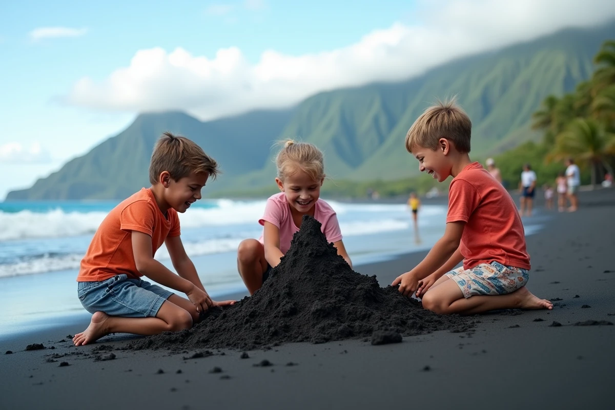 Enfants jouant sur la plage de sable noir à La Réunion
