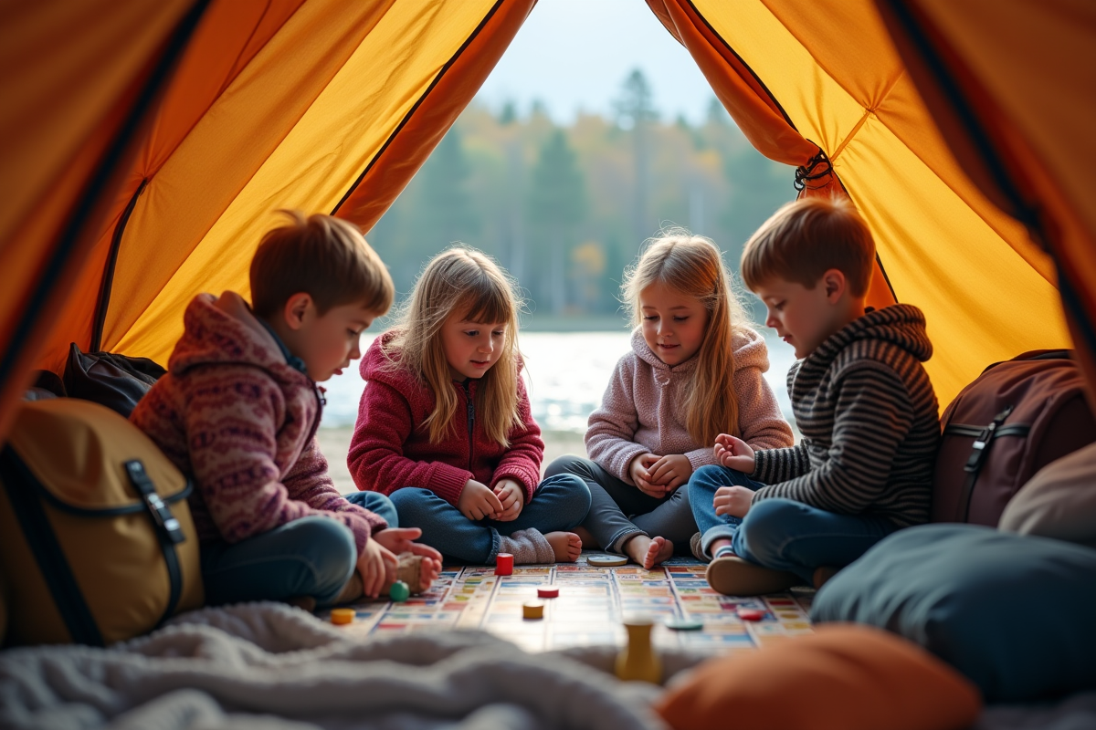 Enfants jouant à un jeu de société dans une tente au bord du lac