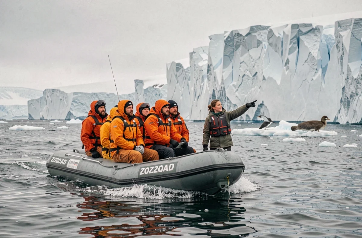 Excursion en zodiac avec des passagers en veste orange près des icebergs en Antarctique lors d'une croisière Ponant
