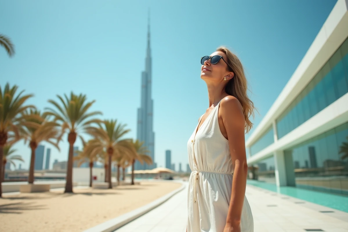 Femme en robe légère sur une promenade moderne de Dubaï, profitant de l'exposition à la lumière naturelle pour réguler son horloge biologique