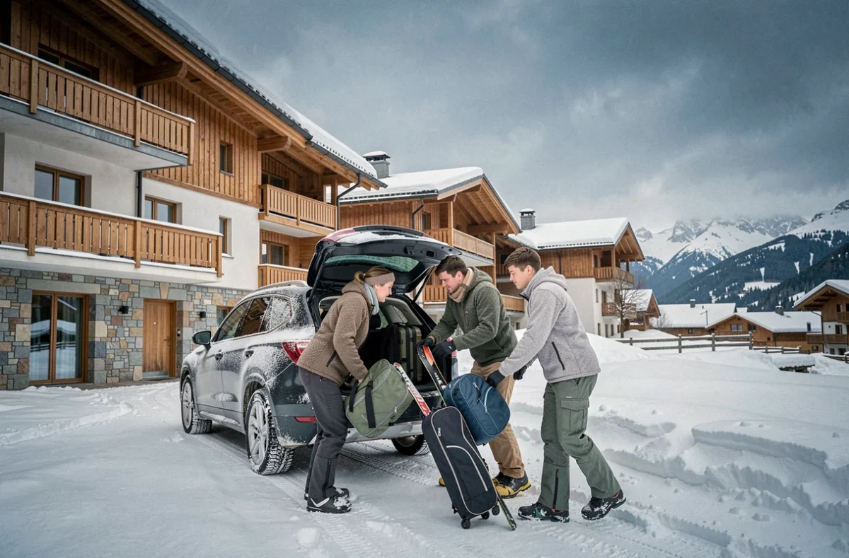 Famille arrivant à la résidence de location La Croisette aux Menuires avec bagages et skis en hiver