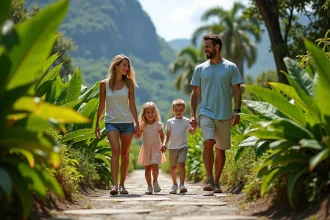 Famille souriante dans un jardin tropical à La Réunion