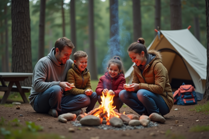 Famille autour du feu de camp faisant des s'mores en forêt