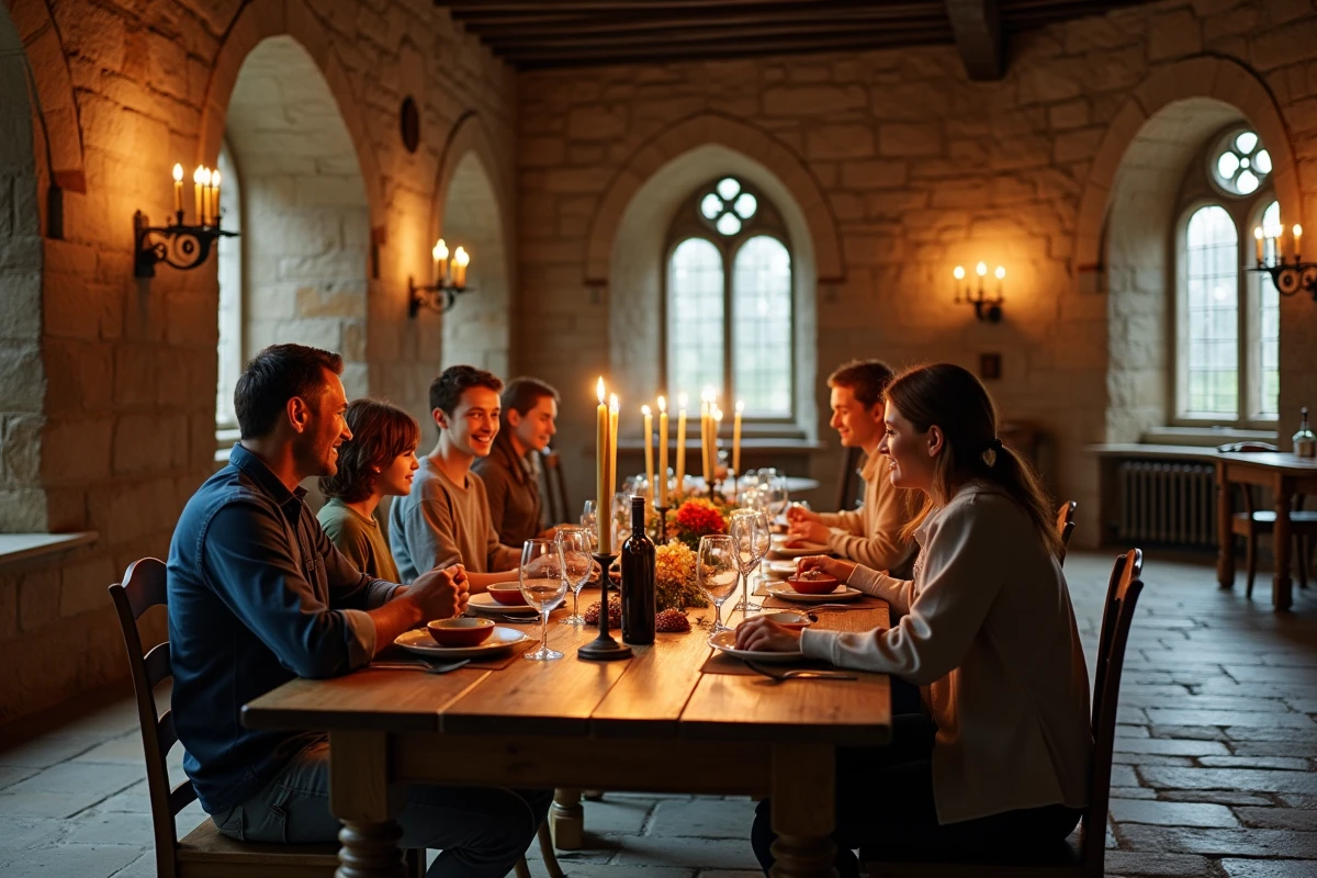 Famille dînant dans une grande salle voûtée d'un château fort en France lors d'un séjour touristique