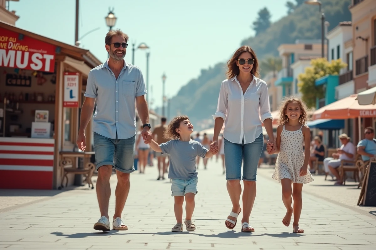 Famille souriante promenade en bord de mer en été