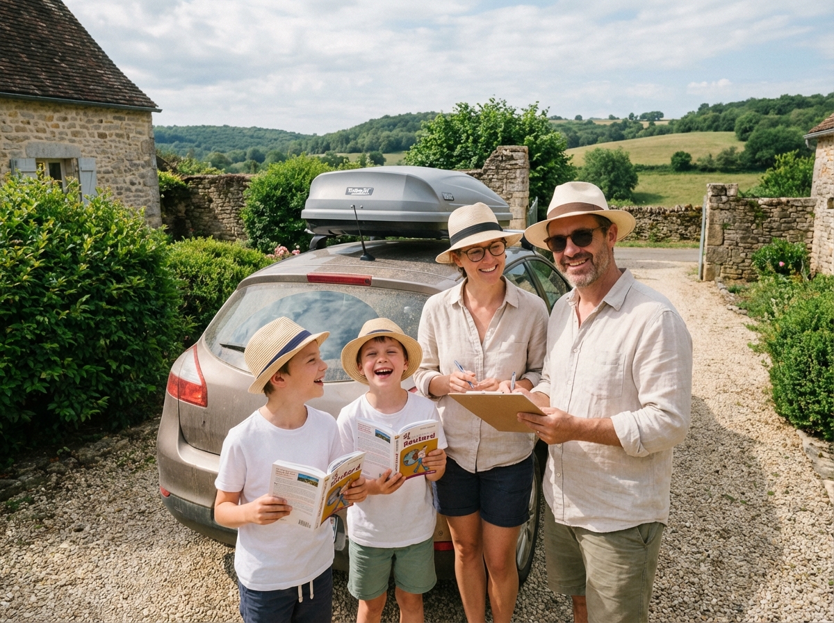 Famille préparant départ en road trip en campagne
