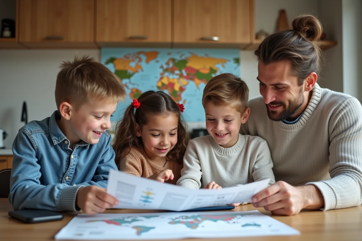 Famille de quatre planifiant un voyage à la maison