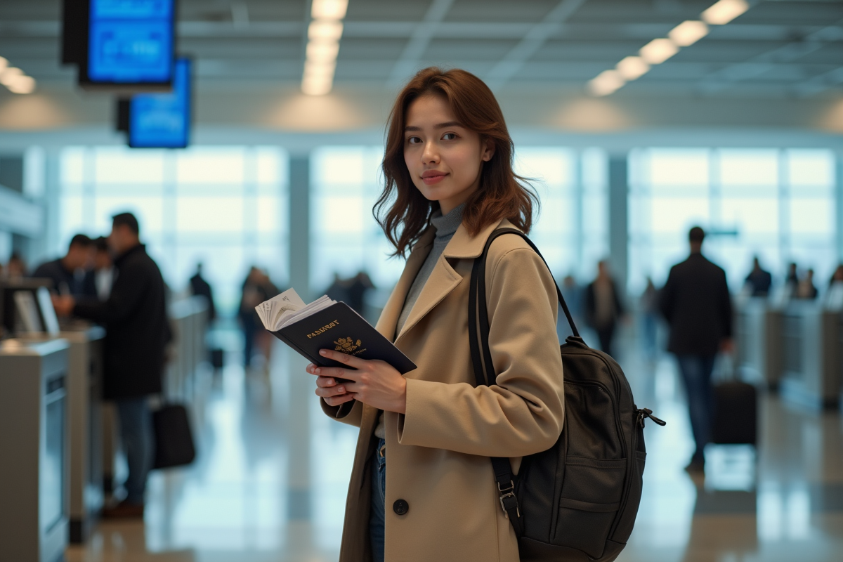 Jeune femme à l'aéroport avec passeport et boarding pass